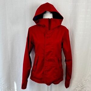 Burton Dryride Red Hooded Snowboard Jacket with purple accents.